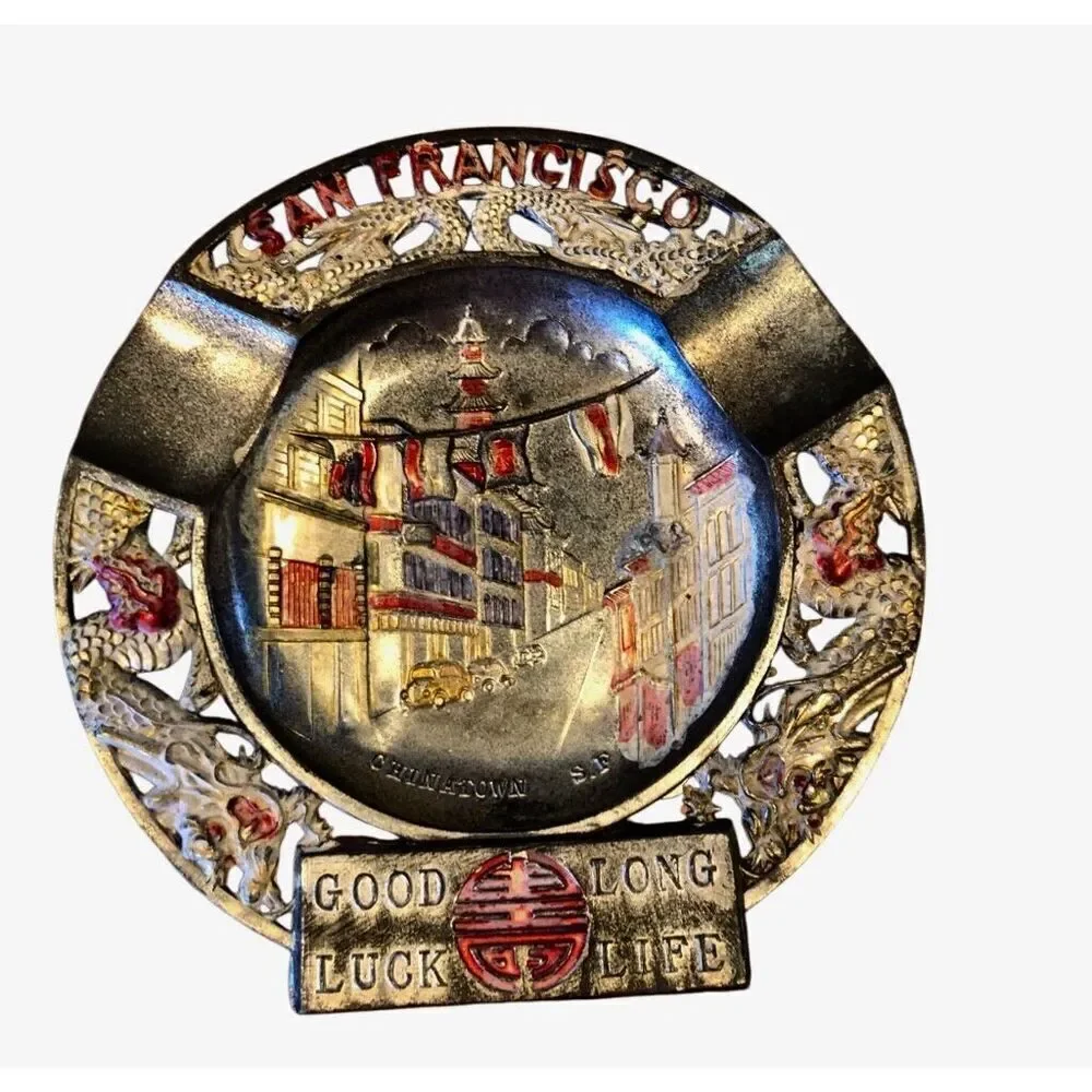 Vintage San Francisco Tin Plate Embossed Ashtray Catch All Americana Kitsch Deco